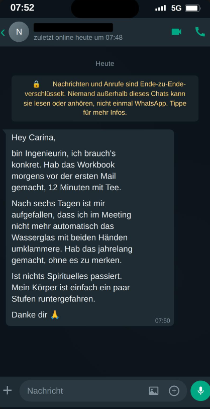 WhatsApp-Nachricht von Lisa: 'Bin Ingenieurin, ich brauch's konkret. Das Workbook morgens vor der ersten Mail gemacht...' Verkürzte Vorschau eines Kunden-Feedbacks.